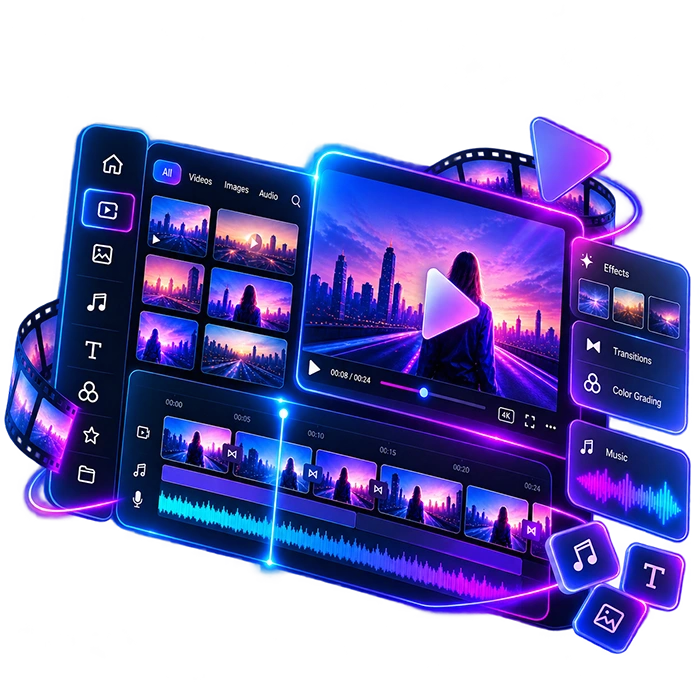 Video editing interface showcasing a professional creative timeline